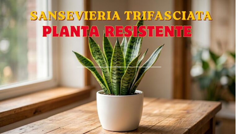 ansevieria trifasciata en maceta blanca sobre mesa de madera con luz natural